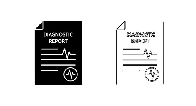 Illustration of two diagnostic report documents in black and white with waveform data
