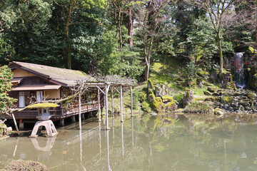 Japanese garden with water - Miyoshian Suitei restaurant