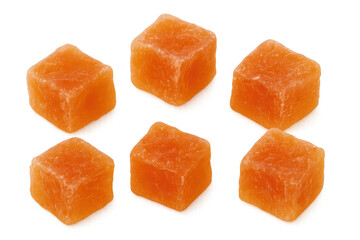 Six delicious candied fruit cubes, perfect for adding a touch of sweetness to any recipe, isolated on a transparent background