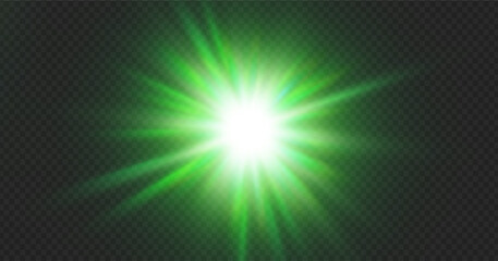 Green lens flare light effect with sparkle glow and radiant background. Abstract neon streaks and laser beams in transparent vector design. Starburst explosion or optical projection for magic emerald.