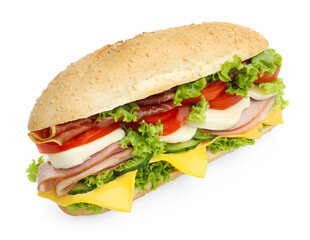 Tasty baguette sandwich with ham, cheese and vegetables isolated on white