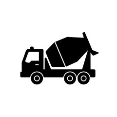 Fototapeta premium A bold black silhouette of a concrete mixer truck, symbolizing construction, industry, and building development, isolated on a clean white background.