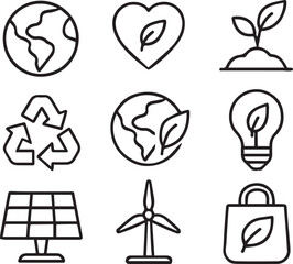 Sustainability icon set in linear style. Trendy minimal icons. Editable stroke. Earth icon set. Containing earth, eco, ecology, environment, environmental and more line art vector illustration 