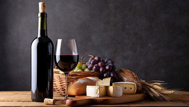 A luxurious still life arrangement featuring a bottle of red wine a glass of wine assorted cheeses grapes bread and wheat stalks