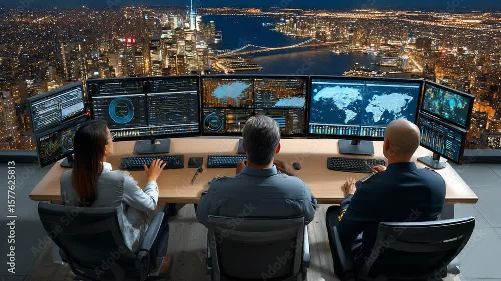 Poster city skyline monitoring: a high-angle view of a control center with multiple screens displaying data