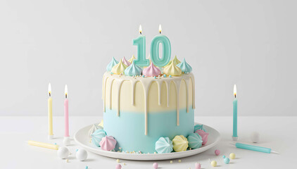 10th birthday pastel cake with candles on 3D product display podium