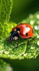 Fototapeta premium Close-up macro of a red and black ladybug crawling on a dew-covered green leaf, bathed in natural sunlight and vibrant detail.