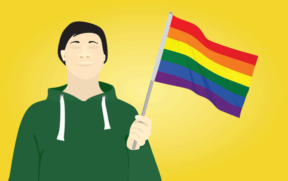 Man holding lgbt flag. vector