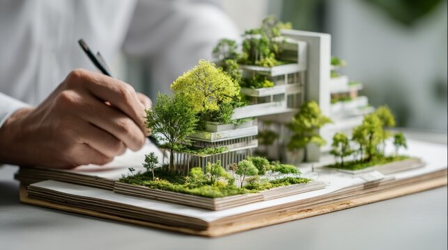 An architect designing a green building model with sustainable materials, cutting-edge eco-friendly construction, future of architecture