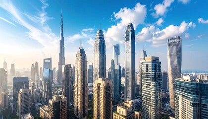 Naklejka premium High-angle view of a modern city skyline, bathed in morning light