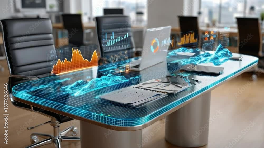 Aufkleber advanced office: a sleek office setting equipped with cutting-edge technology, showcasing futuristic