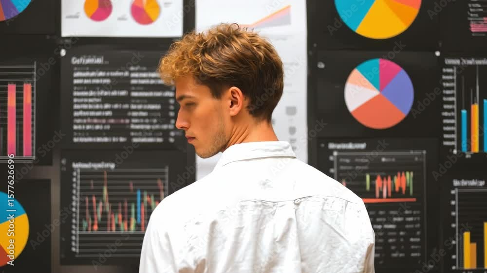Poster analyzing data: person reviewing charts and graphs. visualizing analytics for decision-making and st