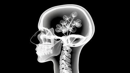 X-ray of a human head with a plant growing from the brain