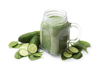 Tasty smoothie in mason jar, spinach leaves and cucumber isolated on white