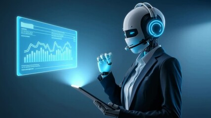 AI Customer Service: Futuristic robot in business attire uses a tablet, wearing a headset, ready to assist, embodying the future of customer service. - Powered by Adobe