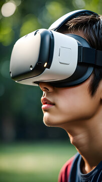 Young person using virtual reality headset in an outdoor park setting for immersive gaming and educational simulation applications