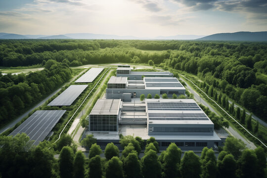 Aerial view of a large data center powered by solar power.