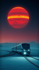 Cosmic Train Adventure on Icy Plain Beneath Ringed Gas Giant