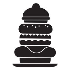 Simple black and white illustration of a tall stacked burger with toppings and details