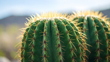 Firefly cactus close up with sharp yellow spines and symmetrical green body, set against blurred natural background creating clean space on left side