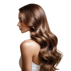 A woman turning her head to the side, letting her hair cascade down her back in soft waves. isolate on transparent background