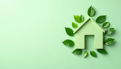 Eco friendly house concept with green leaves surrounding paper cutout home shape on light green background, symbolizing sustainability and nature care