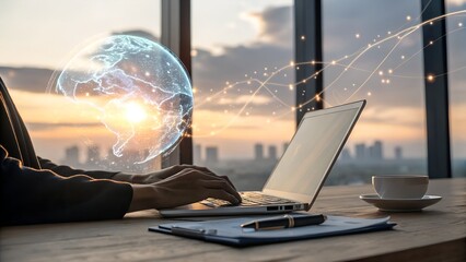 A laptop displays a digital globe, symbolizing global connectivity and technological advancement in business with a city skyline backdrop at sunset