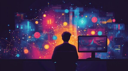 Fototapeta premium Person viewing colorful data visualizations on a computer screen in a dark room.