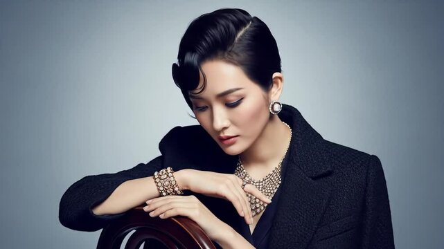 Elegant Woman In Black Blazer Posing Against A Gray Background with Gold Jewelry