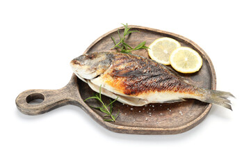 Tasty roasted dorado fish and spices isolated on white. Homemade seafood dish