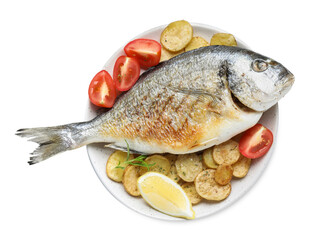 Tasty roasted dorado fish served vegetables and spices isolated on white, top view. Homemade seafood dish