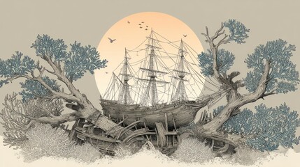 Sun-drenched Wreck of a Ship surrounded by trees