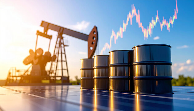 Oil barrels lined up on solar panel with oil pump jack and stock market graph in background symbolizing energy market and investment growth