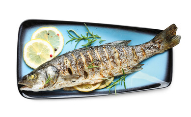 Tasty roasted seabass fish with spices isolated on white, top view. Homemade seafood dish