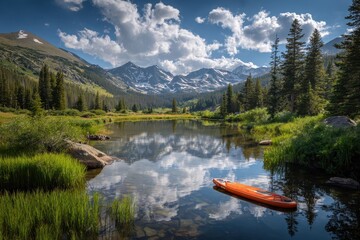 Serene mountain lake reflects clouds with a vibrant orange kayak resting on the water