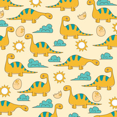 yellow background semaless pattern vector design cartoon of brontosaurus dinosaur for kids apparel full print fabric © Rizki