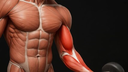 3D anatomical animation of a male figure performing a bicep curl with a dumbbell. Biceps brachii and related muscles are highlighted in red. Educational fitness visual for strength training - Powered by Adobe