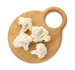 Fresh raw cauliflower florets isolated on white, top view