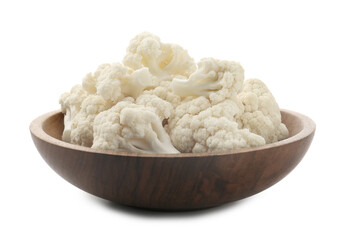 Fresh cauliflower florets in bowl isolated on white