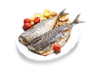 Tasty roasted mackerels with lemon, tomatoes and potatoes isolated on white. Homemade seafood dish