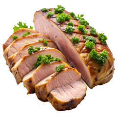 A sliced roasted pork loin with parsley is isolated on transparent background, ready to serve