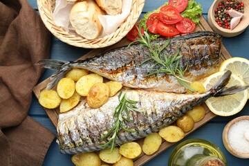 Tasty roasted mackerels served with spices and vegetables on blue wooden table, flat lay. Homemade...