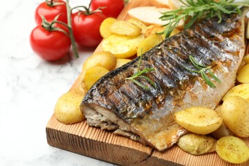 Tasty roasted mackerel with rosemary and vegetables on white marble table, closeup. Homemade seafood dish