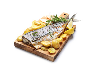 Tasty roasted mackerel with spices and potatoes isolated on white. Homemade seafood dish