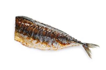One tasty roasted mackerel isolated on white, top view. Homemade seafood dish