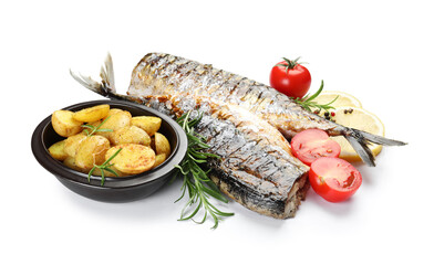 Tasty roasted mackerels with spices and vegetables isolated on white. Homemade seafood dish