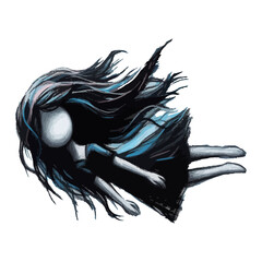 Illustration of a floating faceless figure with long dark hair and a dark dress on a transparent background.