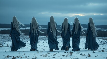 Hauntingly Beautiful Spectral Procession in Winter Landscape