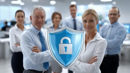 Team of Cyber Security : A group of sharp professionals representing diverse backgrounds, forming a united front in a cutting-edge office setting. The image features a prominent security shield. - Powered by Adobe