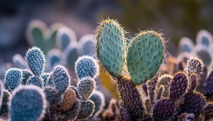 Cactus close-up showing sharp thorns on blurred background, plants are colorful